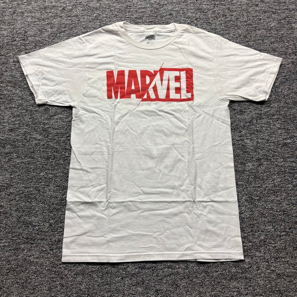 Marvel Comics Logo Spellout Graphic White T-Shirt Unisex Size Small